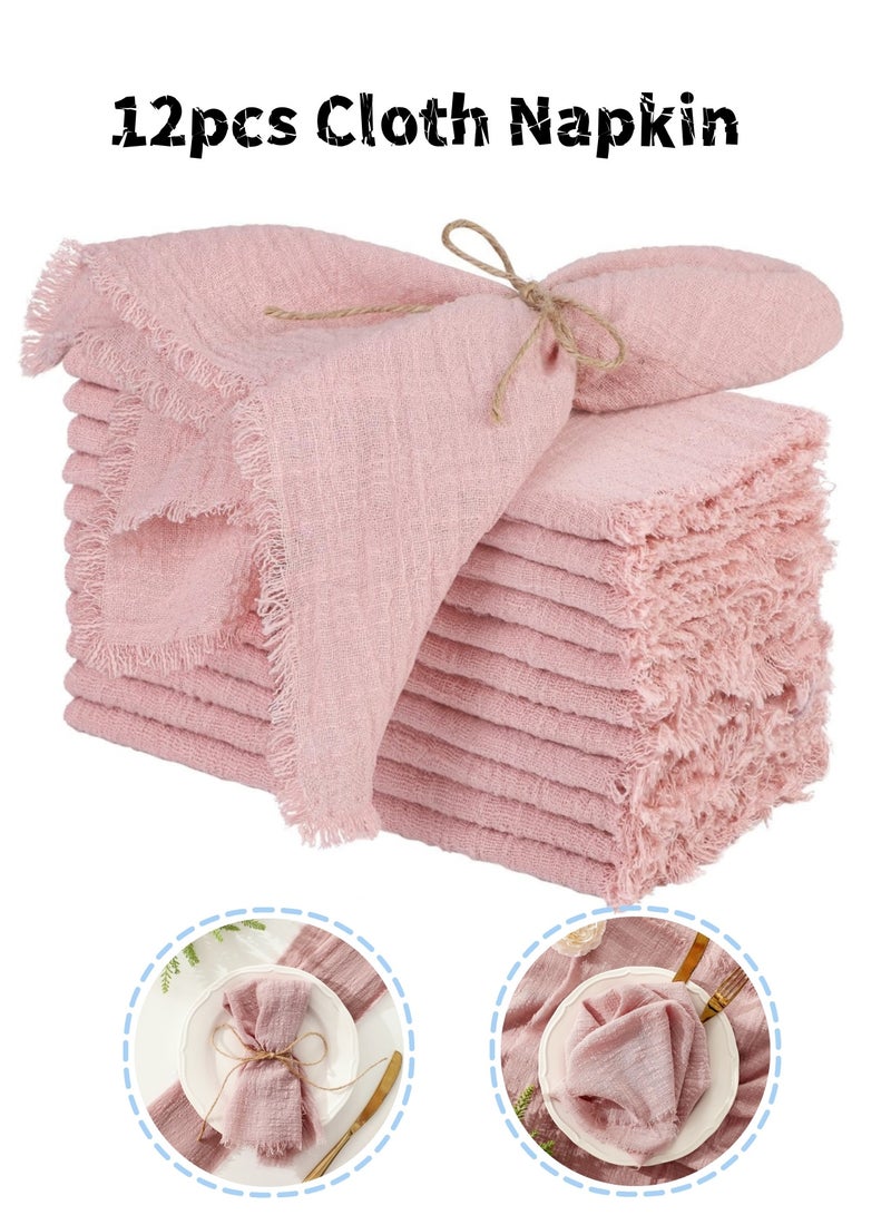 أم جي زي 12 قطعة من مناديل قماشية من القطن والكتان، مناديل قماشية مصنوعة يدويًا مع هامش، مناديل عشاء زفاف ناعمة من القماش مربعة الشكل مع هامش لحفلات العشاء والحفلات وحفلات الزفاف وحفلات الزفاف باللون الوردي الباهت - Image 1