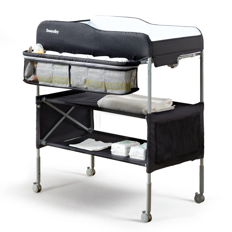 Sweeby Portable Baby Changing Table Foldable Diaper Changing Station with Waterproof Pad Mobile Nursery Organizer for Infant Newborn Essentials Black