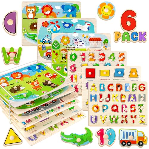 Attmu Wooden Puzzles for Toddlers 6 Pcs Alphabet Puzzle ABC Shape Number Animal Farm Puzzle Learning Toys for Kids Preschool Educational Activities Toddler Gift Toys for Girls Boys Christmas Easter - Image 1