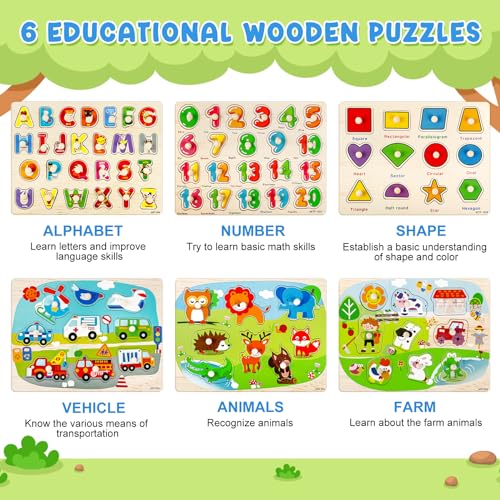 Attmu Wooden Puzzles for Toddlers 6 Pcs Alphabet Puzzle ABC Shape Number Animal Farm Puzzle Learning Toys for Kids Preschool Educational Activities Toddler Gift Toys for Girls Boys Christmas Easter - Image 5