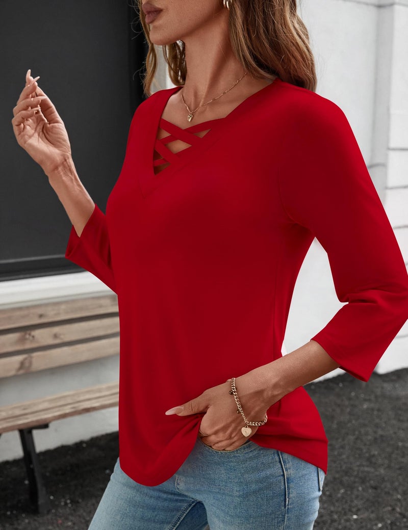 Rapbin Trendy Tops for Women 2026 Red Blouse Elegant Shirt Womens Tee Shirts Loose Fit Trendy Spring Outfits for Women 2026 M - Image 3