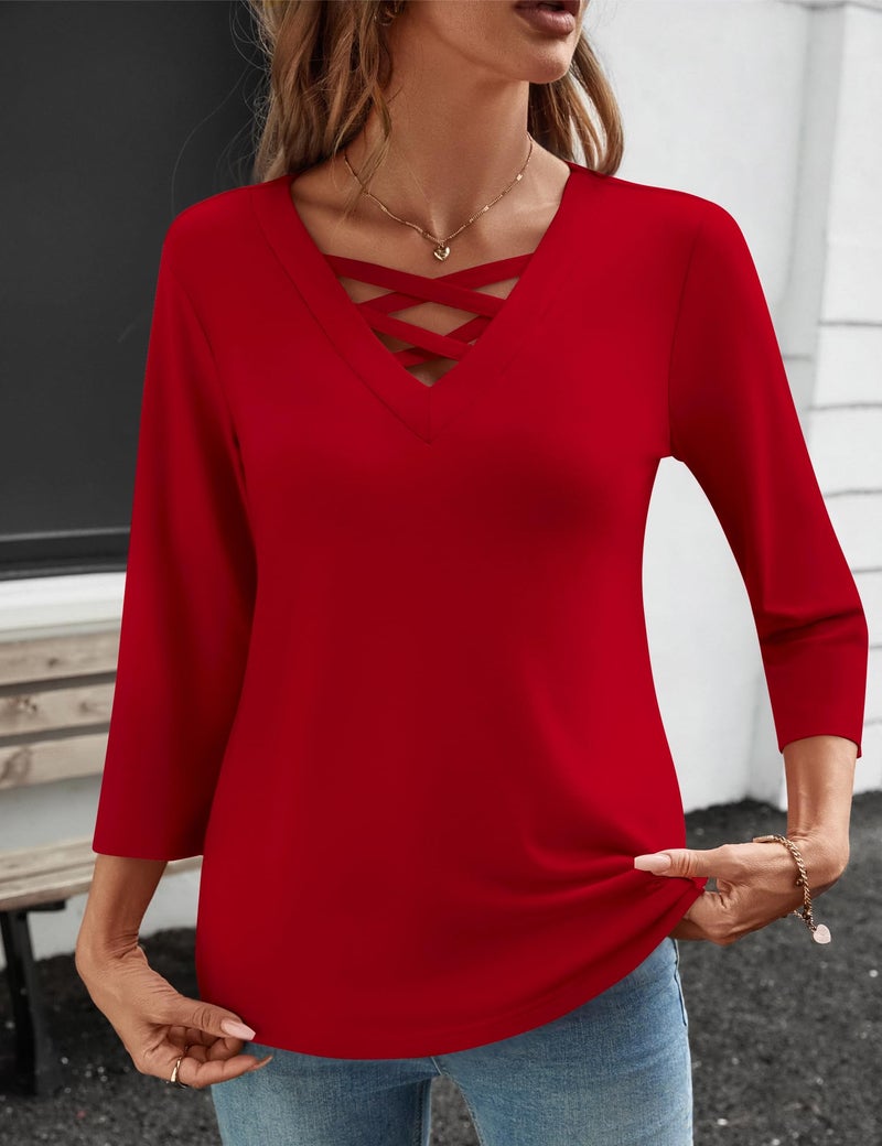 Rapbin Trendy Tops for Women 2026 Red Blouse Elegant Shirt Womens Tee Shirts Loose Fit Trendy Spring Outfits for Women 2026 M - Image 4