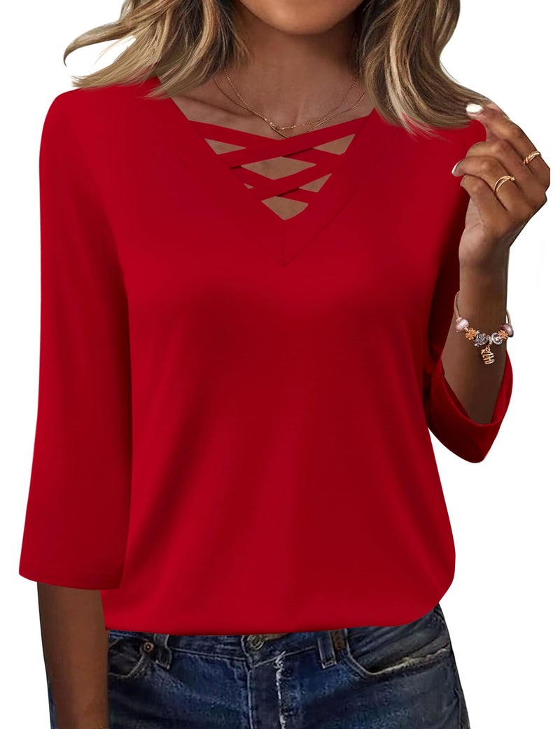 Rapbin Trendy Tops for Women 2026 Red Blouse Elegant Shirt Womens Tee Shirts Loose Fit Trendy Spring Outfits for Women 2026 M - Image 1