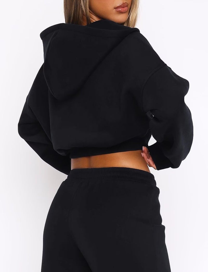 TZLDN Women Cropped Hoodie Zip Up Jacket Y2K Sweatshirt Crop Tops Lightweight Workout Casual Fashion Fall Outfits Black - Small - Image 2