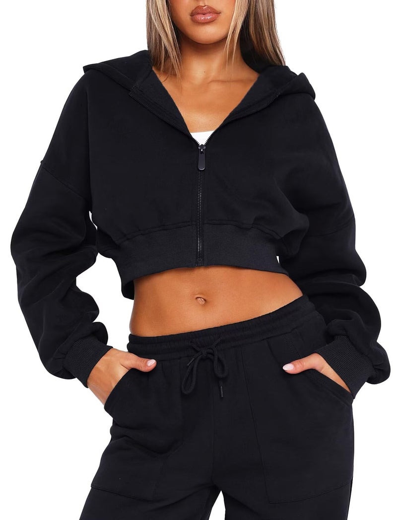 TZLDN Women Cropped Hoodie Zip Up Jacket Y2K Sweatshirt Crop Tops Lightweight Workout Casual Fashion Fall Outfits Black - Small - Image 1