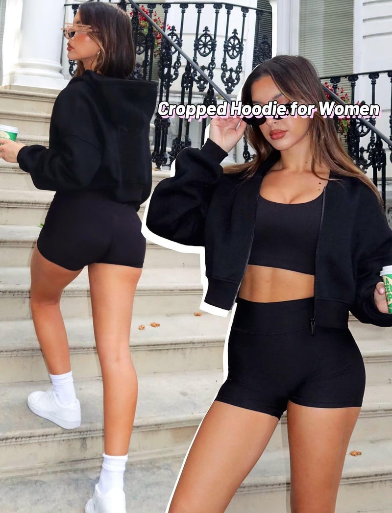 TZLDN Women Cropped Hoodie Zip Up Jacket Y2K Sweatshirt Crop Tops Lightweight Workout Casual Fashion Fall Outfits Black - Small - Image 4