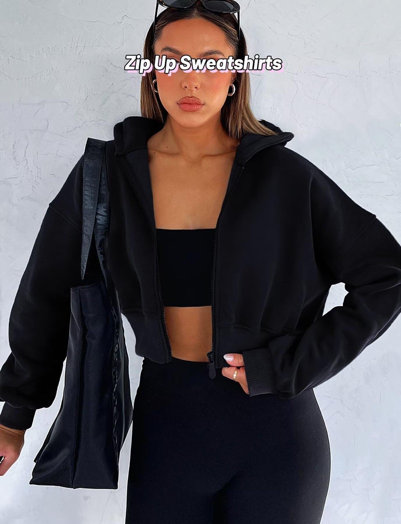 TZLDN Women Cropped Hoodie Zip Up Jacket Y2K Sweatshirt Crop Tops Lightweight Workout Casual Fashion Fall Outfits Black - Small - Image 3