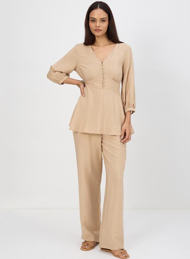 Femmella Women Beige V-Neck Top and Trousers Co-Ords - Image 1