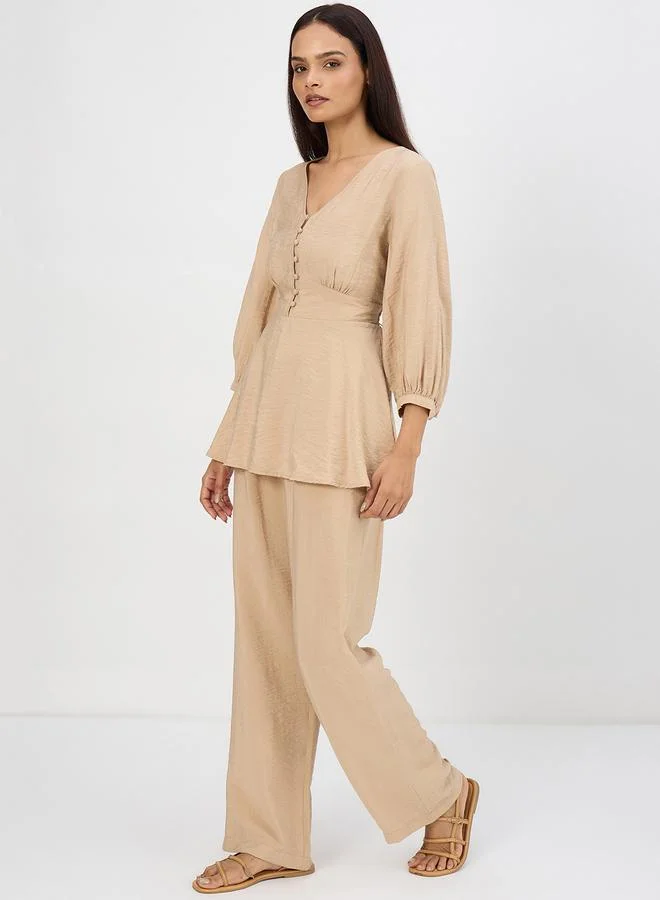 Femmella  Women Beige V-Neck Top and Trousers Co-Ords for Women | Best Price UAE