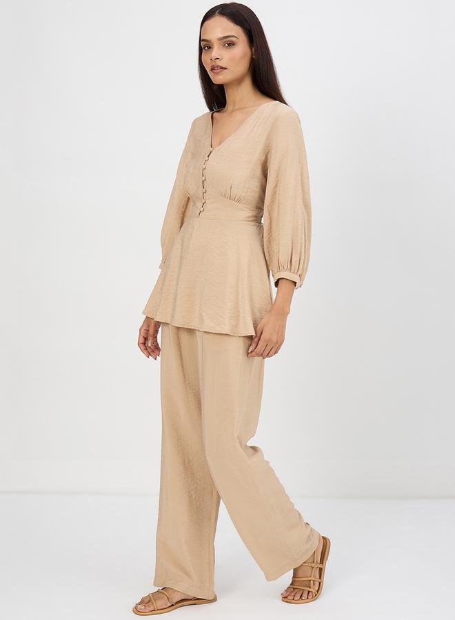 Femmella Women Beige V-Neck Top and Trousers Co-Ords - Image 3