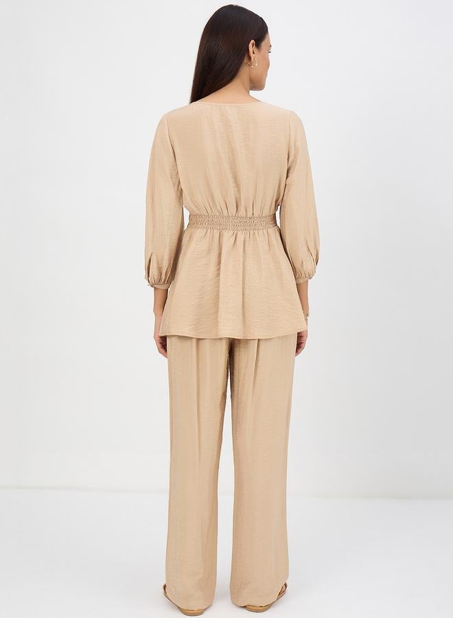Femmella Women Beige V-Neck Top and Trousers Co-Ords - Image 2