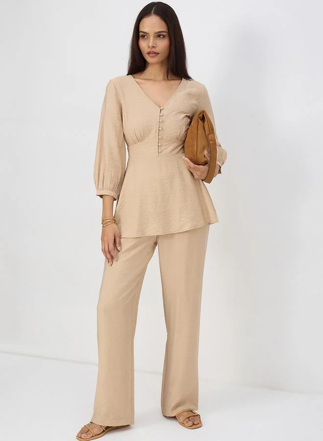 Femmella  Women Beige V-Neck Top and Trousers Co-Ords for Women | Best Price UAE