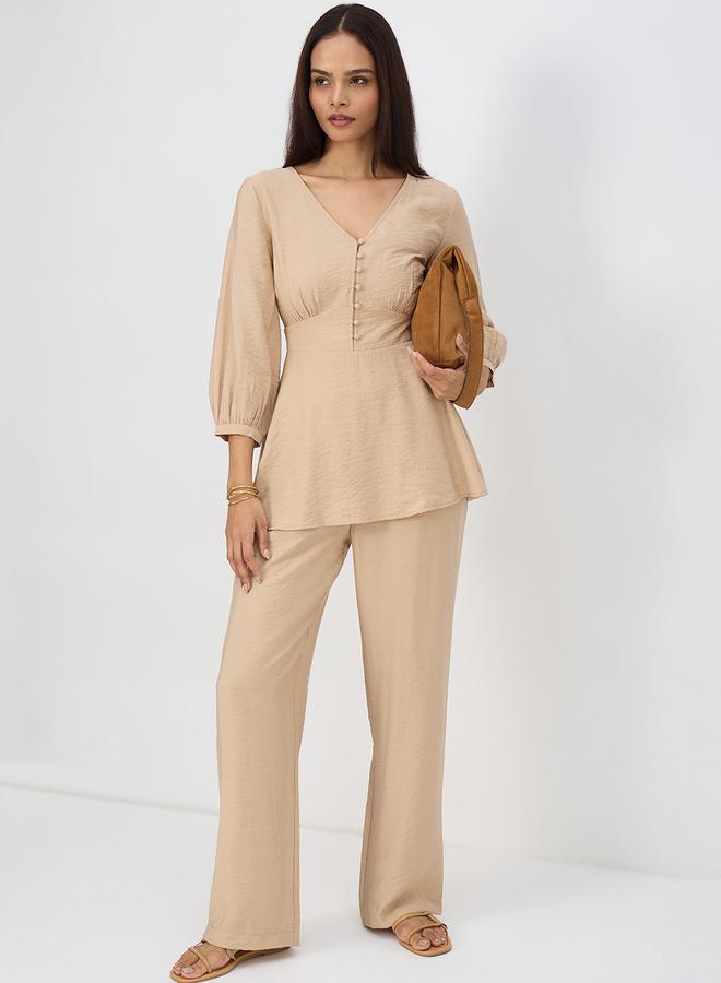 Femmella Women Beige V-Neck Top and Trousers Co-Ords - Image 5