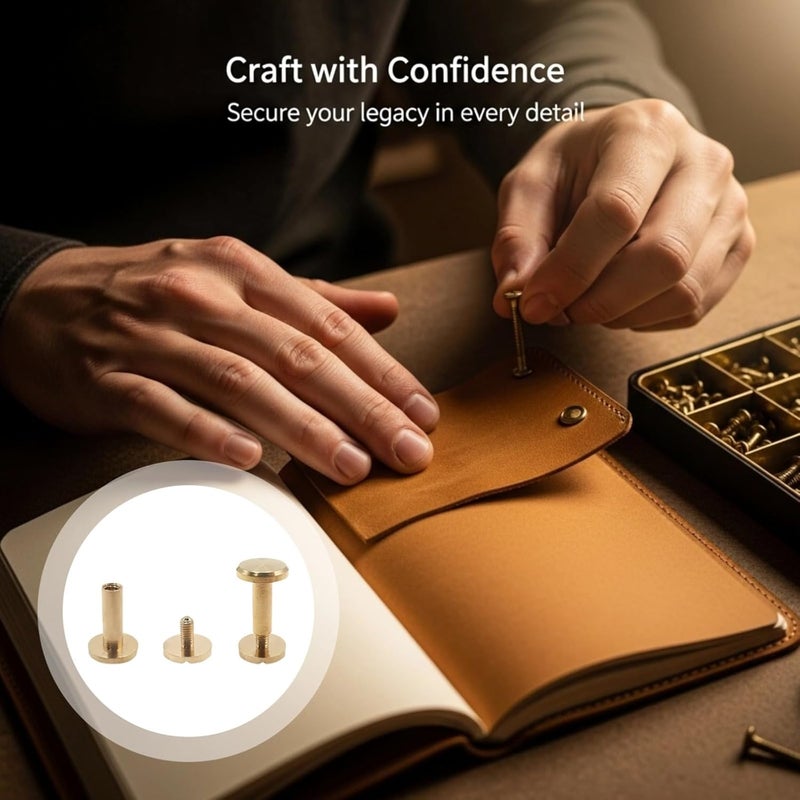 Slotted Binding Post Screws, 50 Pcs Brass Chicago Screws Kit, Perfect for DIY Leather Crafts, Assorted Sizes - Image 2