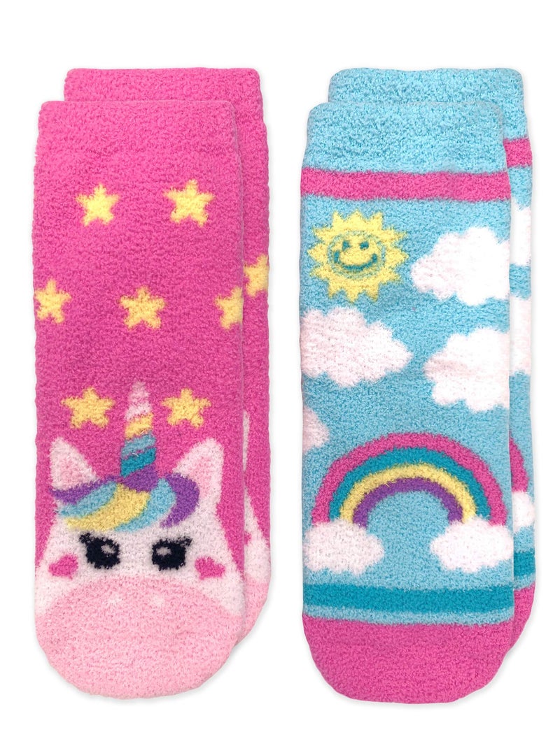 Jefferies Socks جوارب جيفري للبنات - جوارب منزلية فuzzy بتصميم يونيكورن وقوس قزح ملون، عبوة 2، متعددة، صغيرة - Image 1