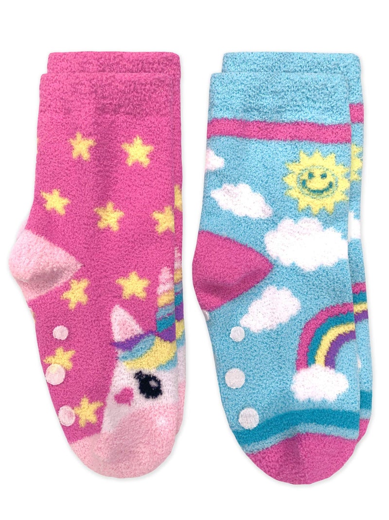 Jefferies Socks جوارب جيفري للبنات - جوارب منزلية فuzzy بتصميم يونيكورن وقوس قزح ملون، عبوة 2، متعددة، صغيرة - Image 3
