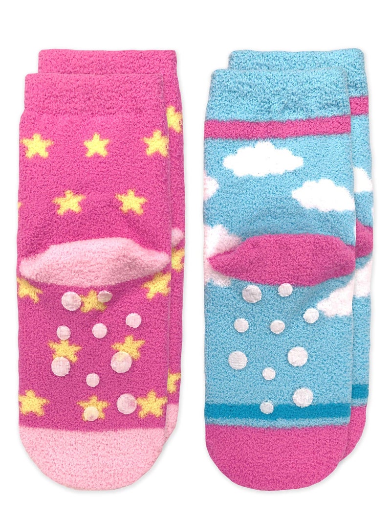 Jefferies Socks جوارب جيفري للبنات - جوارب منزلية فuzzy بتصميم يونيكورن وقوس قزح ملون، عبوة 2، متعددة، صغيرة - Image 2