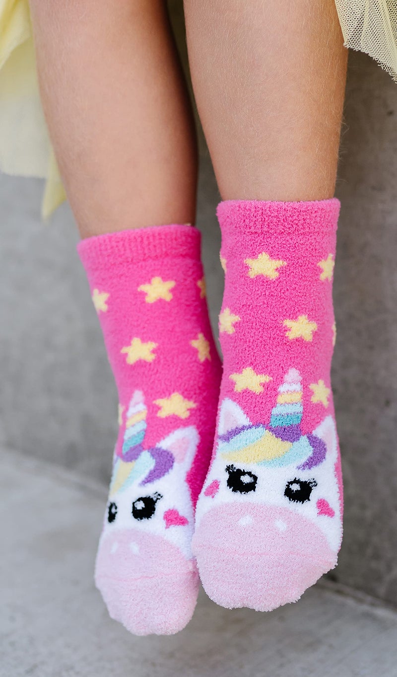 Jefferies Socks جوارب جيفري للبنات - جوارب منزلية فuzzy بتصميم يونيكورن وقوس قزح ملون، عبوة 2، متعددة، صغيرة - Image 5