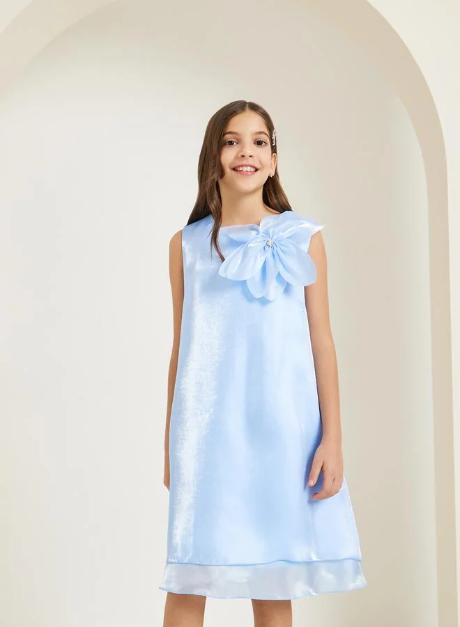 Styli Girls Light Blue Sleeveless Dress with Flower Detail