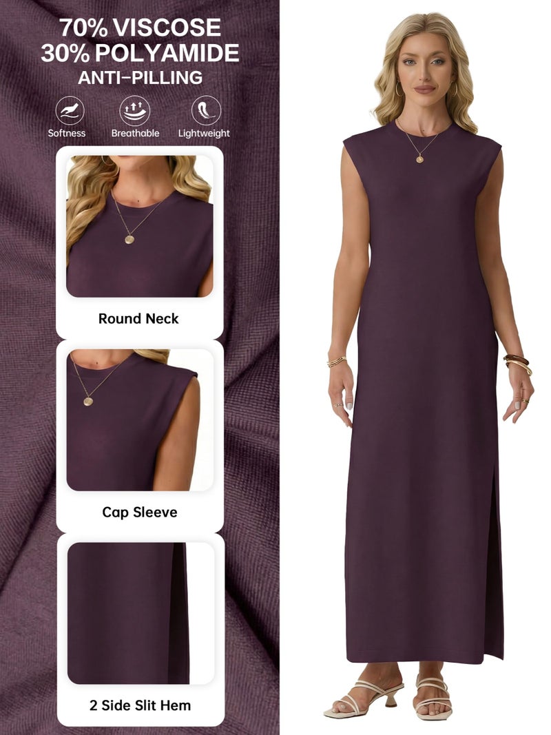 GRECERELLE Summer Fall Casual Cap Sleeve Round Neck Shift Sweater Maxi Dress for Women with Pockets (Rosewood, Medium) - Image 3