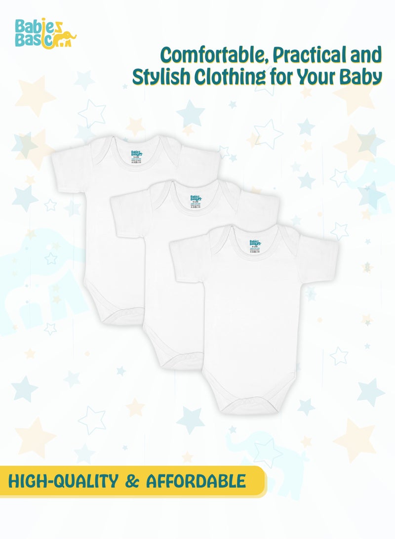 Babies Basic 100% Super Combed Cotton, Short Sleeves Romper/Bodysuit, For New Born To 24Months, Set Of 3 - White  - Image 2