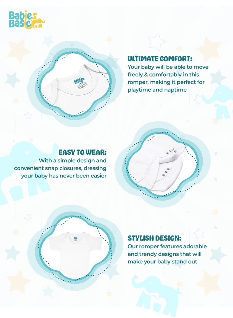 Babies Basic 100% Super Combed Cotton, Short Sleeves Romper/Bodysuit, For New Born To 24Months, Set Of 3 - White  - Image 3