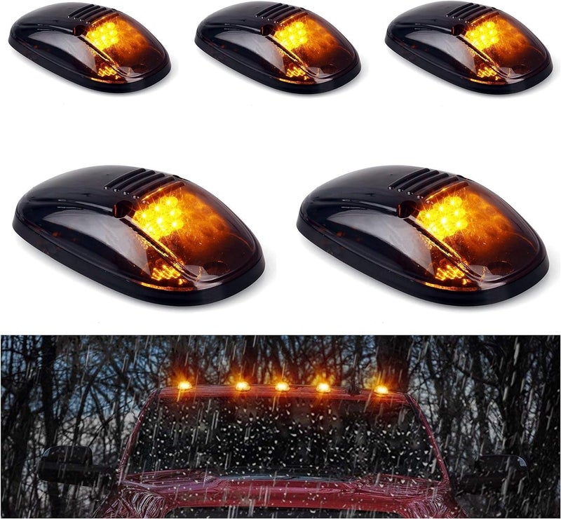 MARLBSTON 5 X Cab Marker Light, Smoke Lens Amber LED Housing Cab Roof Running Lights, Top Clearance Light Harness w/Wiring Pack Compatible with 1999-2002 Dodge Ram 2500 3500 Pickup Trucks - Image 1
