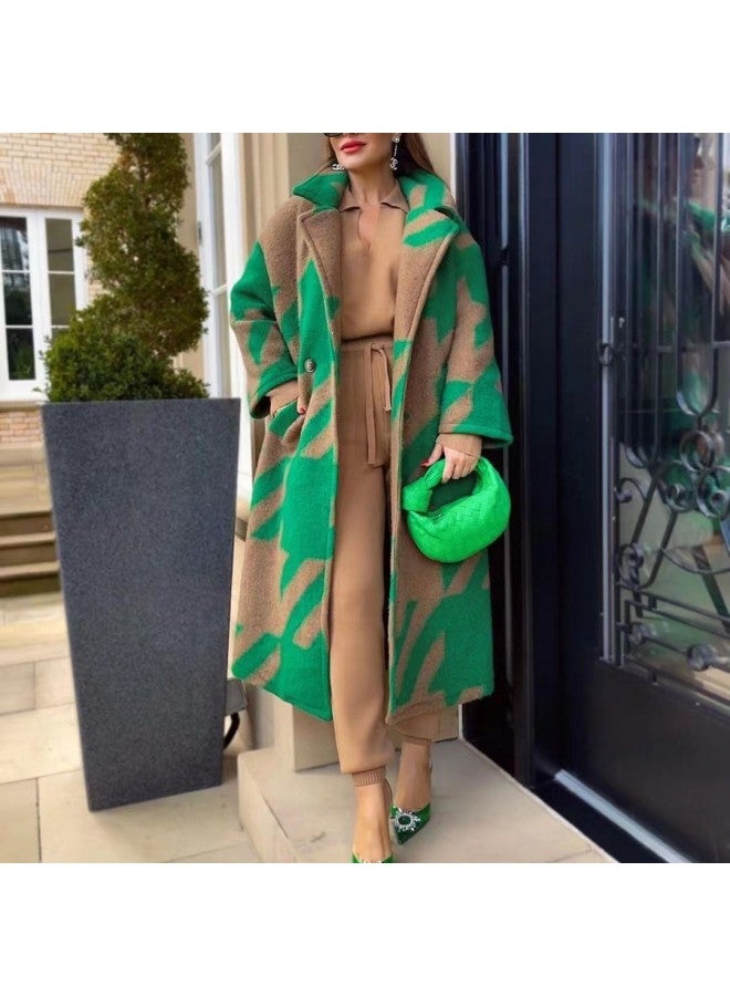 European And American Autumn Women's Clothing, Various Color-blocked Plaid Long-sleeved Lapel Outwears, Printed Dragon And Phoenix Woolen Outwears