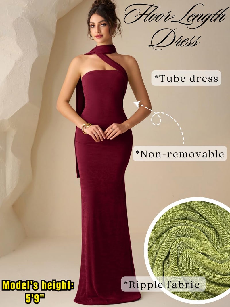 ShawGobow فستان شاوغوبو بدون حمالات مع وشاح، فساتين رسمية طويلة للنساء، ملابس ضيوف حفلات الزفاف الأنيقة باللون العنابي متوسط - Image 3