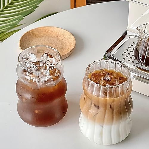 Nirvany 2 Pcs Ribbed Glass Cups, 18 Oz Vintage Drinking Glassware with Wave Shape Design, Bubble Cups for Iced Coffee, Juice, Beverage, Milk, Cocktails, Bubble Tea, and More - Image 1
