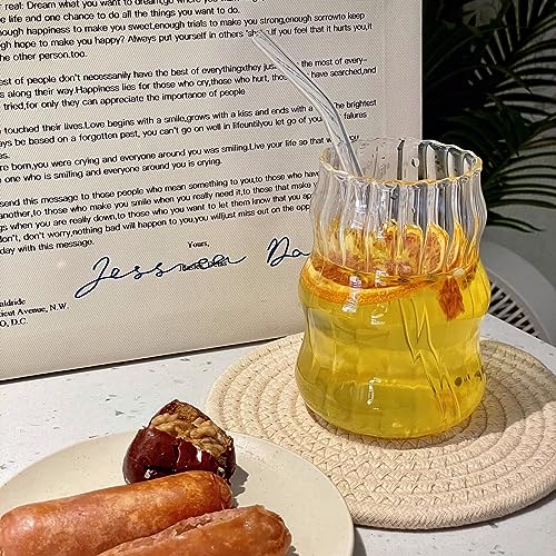 Nirvany 2 Pcs Ribbed Glass Cups, 18 Oz Vintage Drinking Glassware with Wave Shape Design, Bubble Cups for Iced Coffee, Juice, Beverage, Milk, Cocktails, Bubble Tea, and More - Image 3