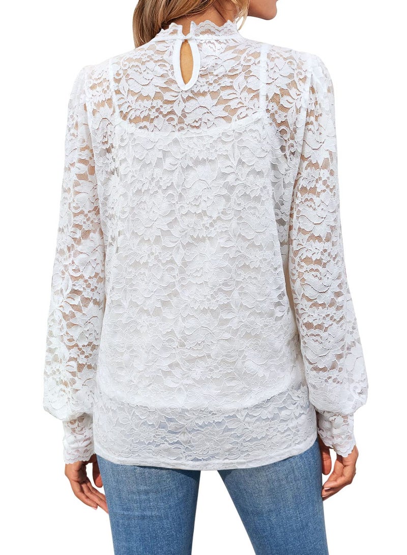 DOROSE Long Sleeve Lace Shirts for Women Mock Neck Tops Elegant Blouses White L - Image 2