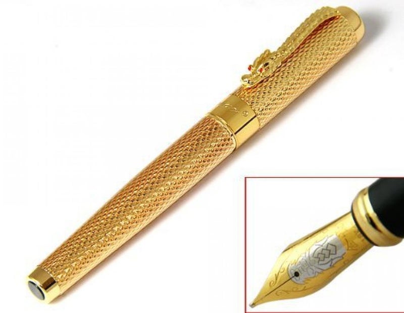 Goldleaf Jinhao New Golden Dragon Red Crystal Eyes Fountain Pen with Push in Style Ink Converter - Image 2