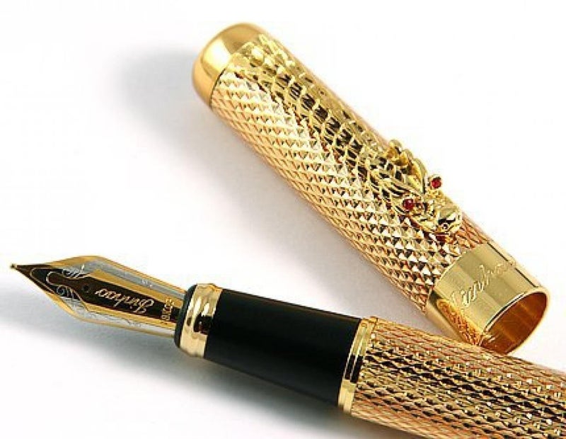 Goldleaf Jinhao New Golden Dragon Red Crystal Eyes Fountain Pen with Push in Style Ink Converter - Image 1