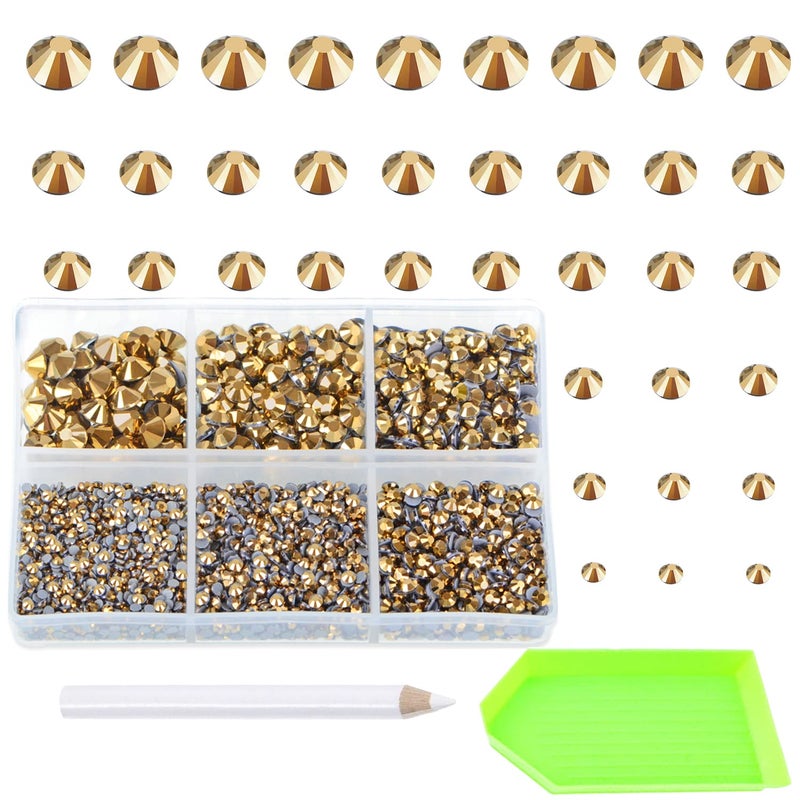 AD Beads 4500 Pieces Hotfix Rhinestones Flat Back 6 Sizes 26 mm Crystal Round Glass Gems with Tweezers and Picking Rhinestones Pen or Crafts Nail Face Art Bags Clothes Shoes DIY Metallic Gold