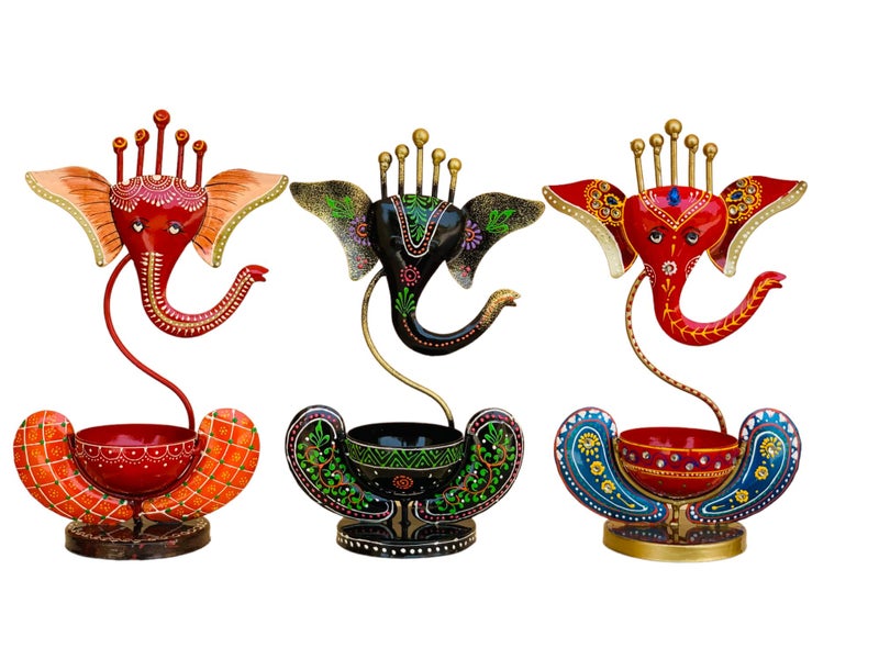 Vipron Iron T Light Ganesh Candle Holder for Home Decor Set of 3 (Black Blue RED) - Image 4