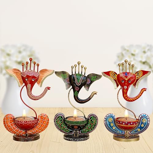 Vipron Iron T Light Ganesh Candle Holder for Home Decor Set of 3 (Black Blue RED) - Image 1