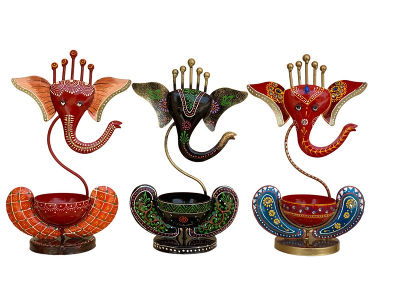 Vipron Iron T Light Ganesh Candle Holder for Home Decor Set of 3 (Black Blue RED) - Image 5
