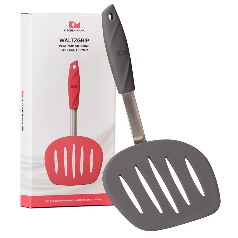 Kitchen Mama WaltzGrip Platinum Silicone Pancake Spatula Turner Heat Resistant Flexible Stainless Steel Core Nonstick Dishwasher Safe Flipper Ideal Kitchen Cookware Egg Fish Meat Metal Gray