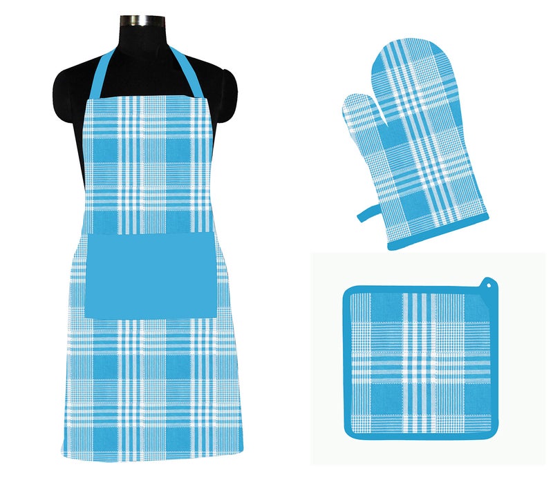 AIRWILL © Cotton Designer Pattern with High-Quality Heat Resistant Kitchen Linen Set (1 Apron, 1 Oven Mitt, 1 Pot Holder) (Blue) - Image 5