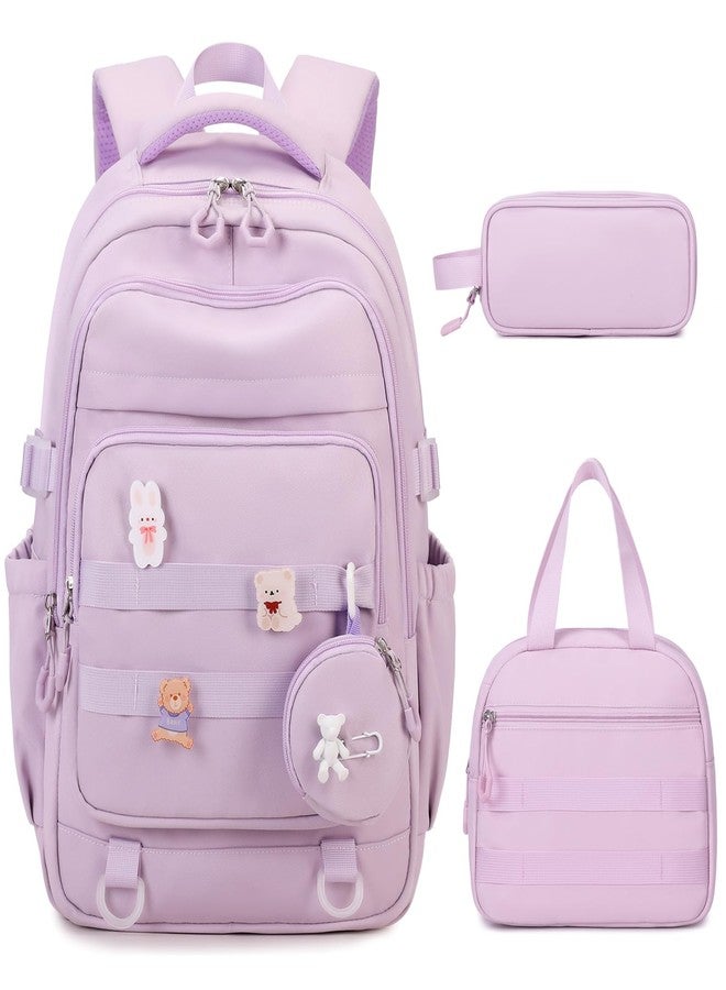 ACESAK Backpacks for Girls - 4PCS Girls Backpack with Lunch Bag & Pencil Pouch Coin Pruse for Teens Kids Elementary Middle High School College Student Bookbag Daypack (Purple), Purple, Modern - Image 1