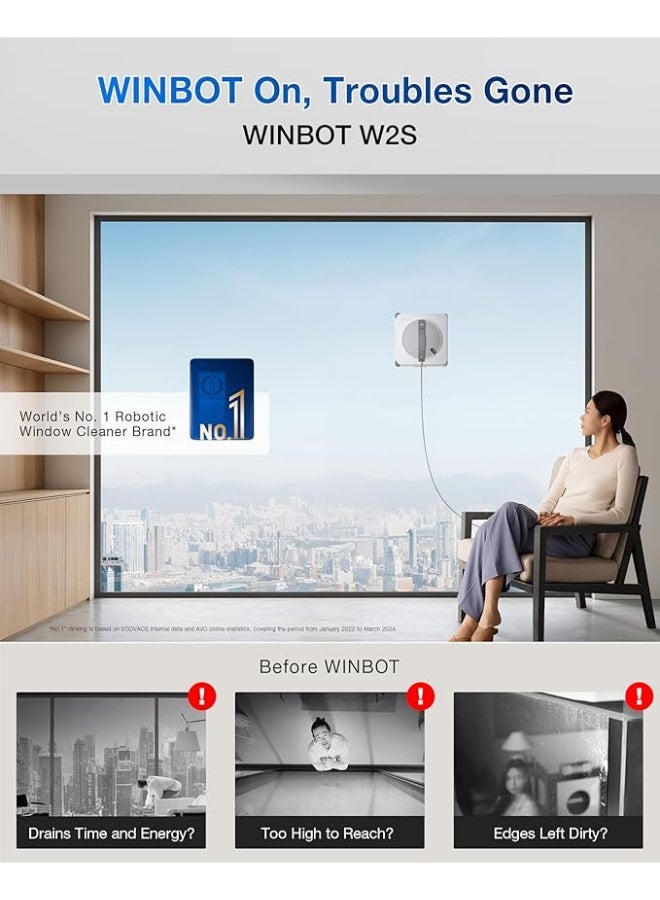 ROBOT ECOVACS WINBOT W2S Window Cleaning Robot, Intelligent Edge-to-Edge Cleaning with TruEdge Scrubbers, 3 Water Nozzles, 10-Level Safety System, Win-SLAM 4.0 Route Planning, Even Climbing System - Image 2