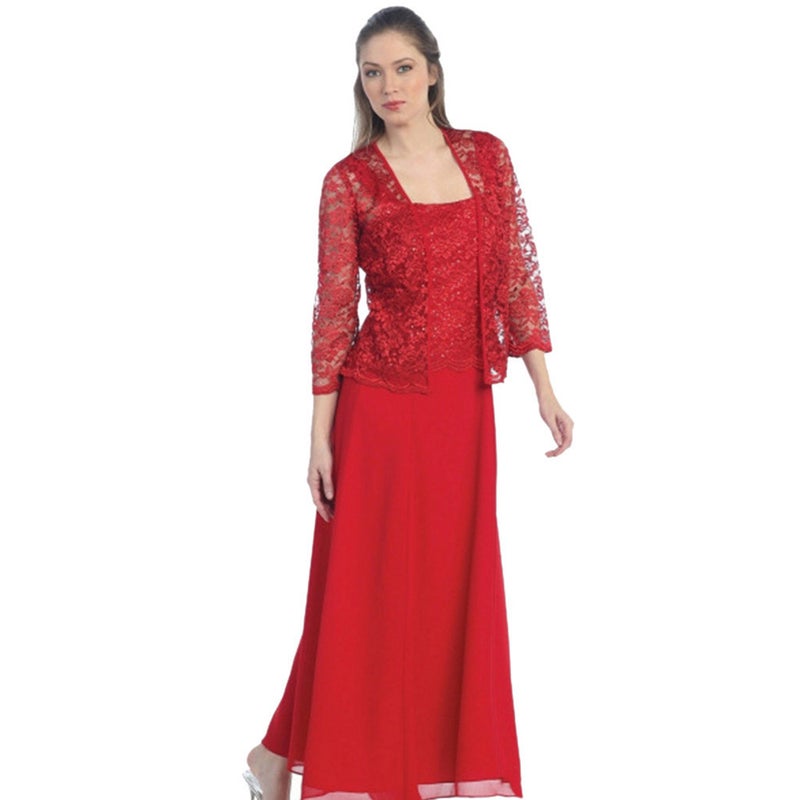 2023 New Womens Lace Cardigan Set Elegant Chiffon Dress Red - Image 1
