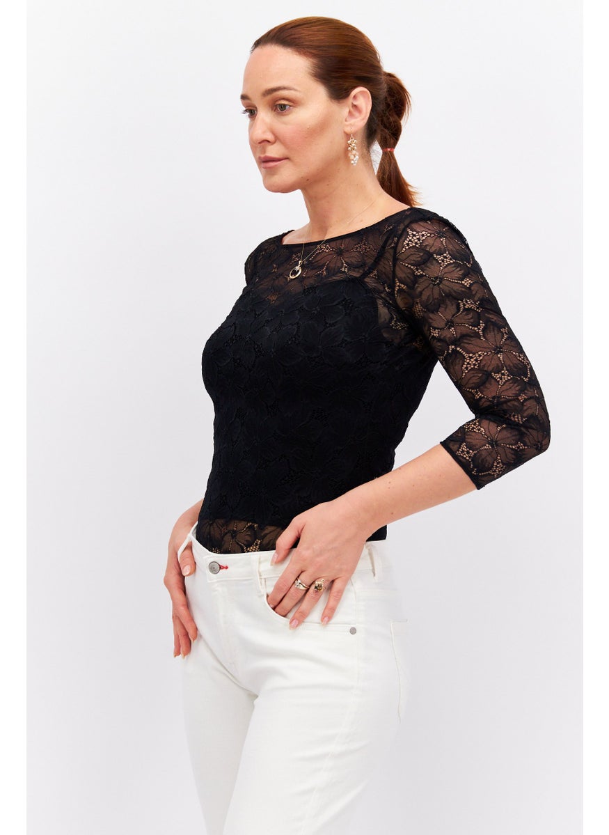 Etam Women Lace 3/4 Sleeve Bodysuit, Black  - Image 2