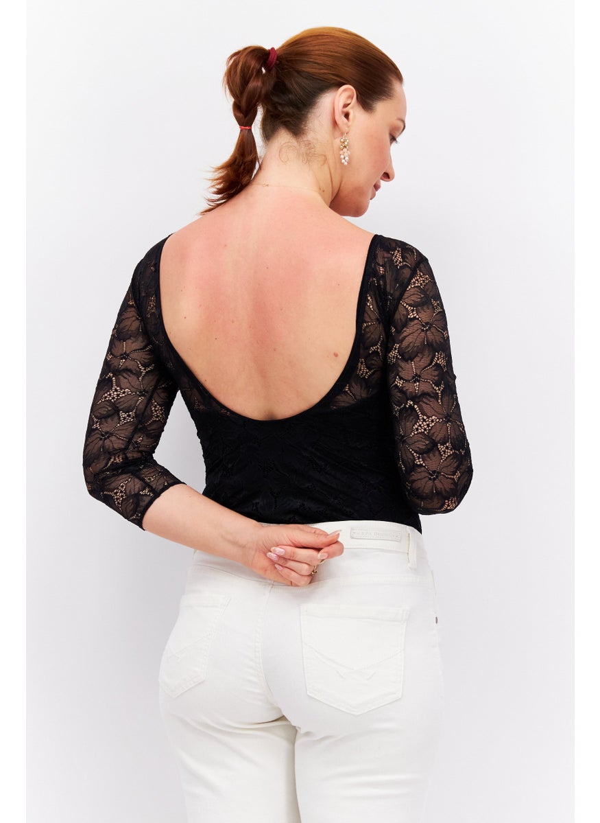 Etam Women Lace 3/4 Sleeve Bodysuit, Black  - Image 3