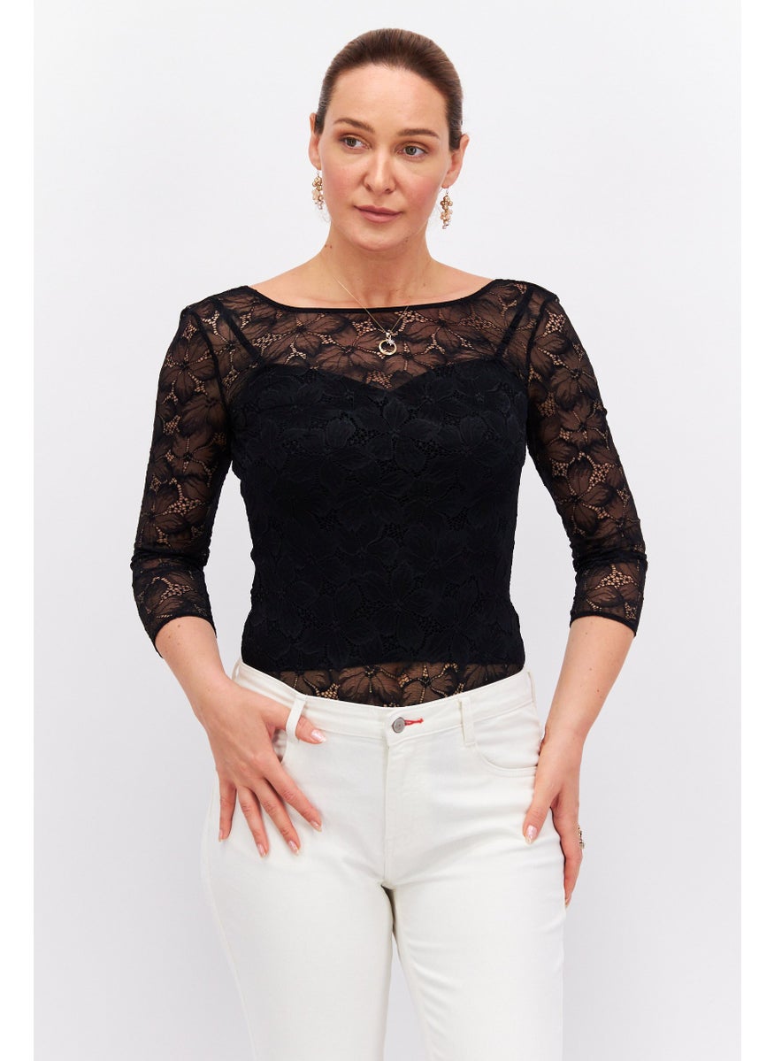 Etam Women Lace 3/4 Sleeve Bodysuit, Black  - Image 1