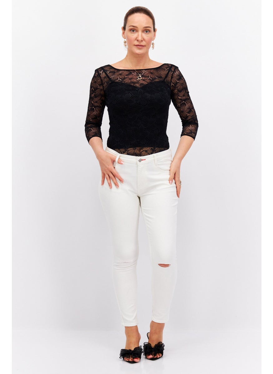 Etam Women Lace 3/4 Sleeve Bodysuit, Black  - Image 4