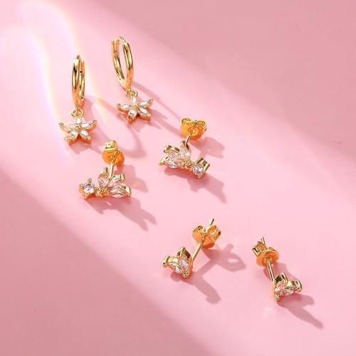 Krfy 3 Pairs Dainty Gold Plated Earrings for Women - Flower Cartilage Earring 14K Gold Plated Sterling Silver Post Hypoallergenic Earring Sets for Multiple Piercing - Image 3