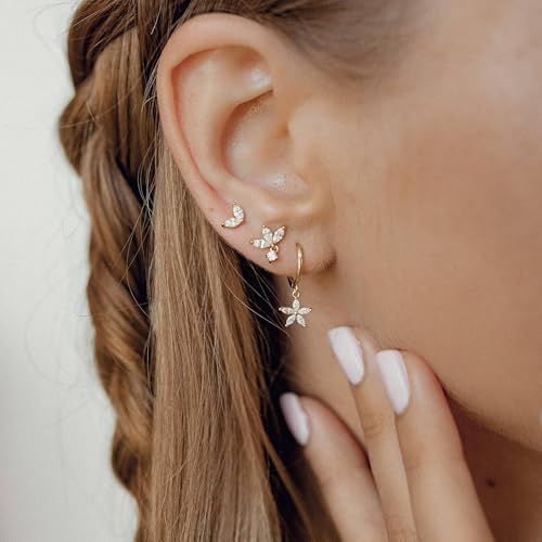Krfy 3 Pairs Dainty Gold Plated Earrings for Women - Flower Cartilage Earring 14K Gold Plated Sterling Silver Post Hypoallergenic Earring Sets for Multiple Piercing - Image 2