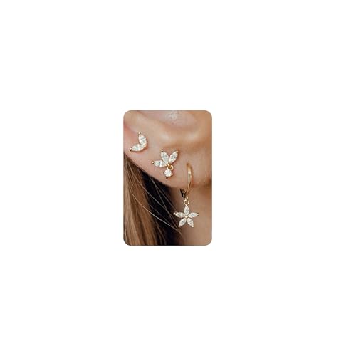 Krfy 3 Pairs Dainty Gold Plated Earrings for Women - Flower Cartilage Earring 14K Gold Plated Sterling Silver Post Hypoallergenic Earring Sets for Multiple Piercing - Image 1